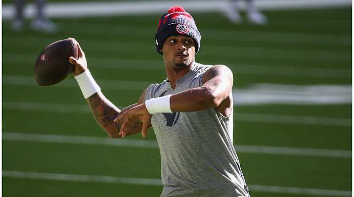Jan 3, 2021; Houston, Texas, USA; Houston Texans quarterback Deshaun Watson (4) warms up before a game against the Tennessee Titans at NRG Stadium.